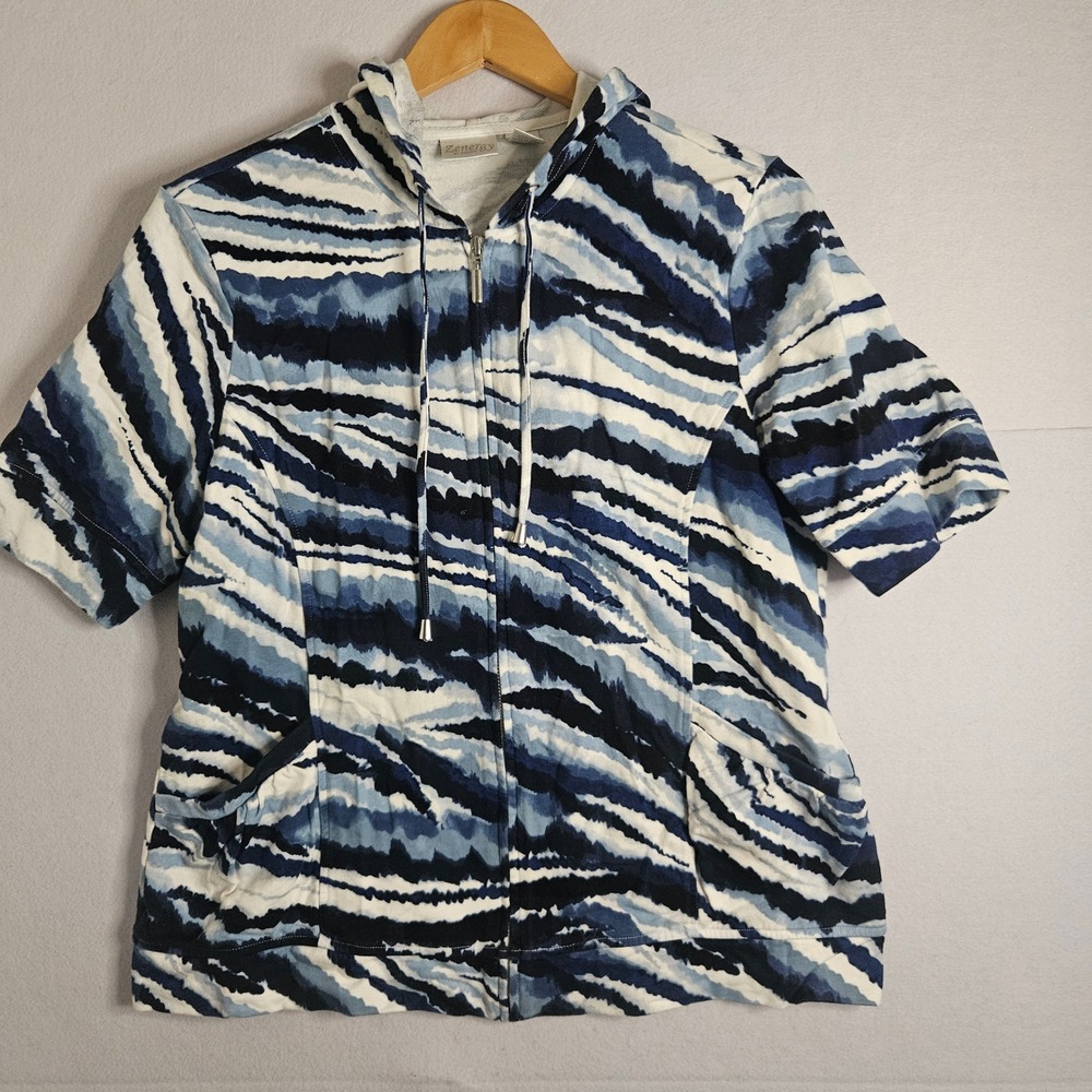Zenergy by Chicos Blue White Stripe Full Zip Short Sleeve Hoodie Cotton Size 2